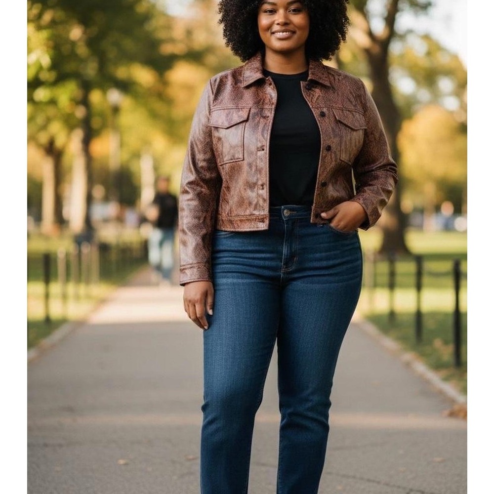NWT Eloquii Plus Cropped Snakeskin Vegan Faux Leather Jacket 14 Brown